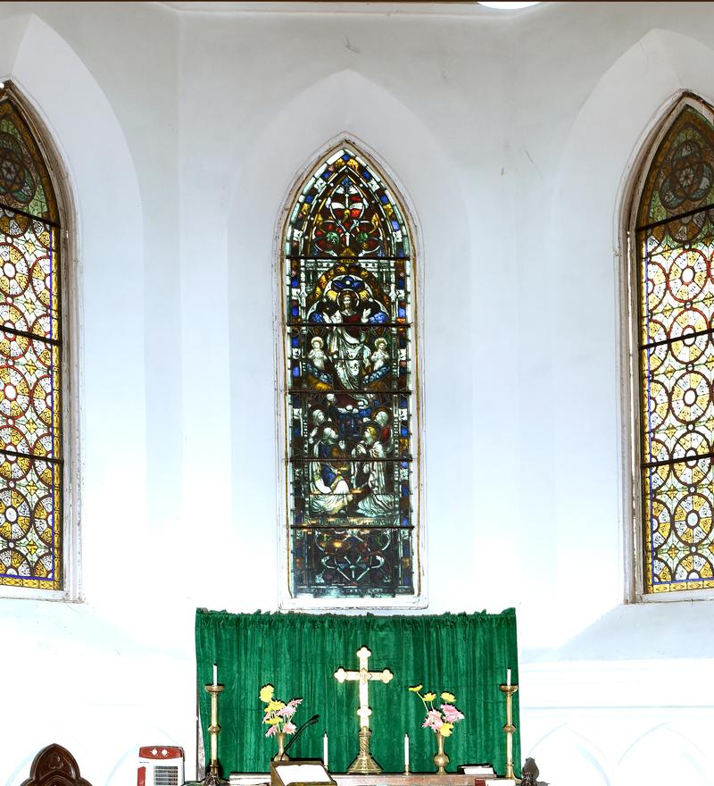 The altar and stained glass windows of Garrison Wesley Church